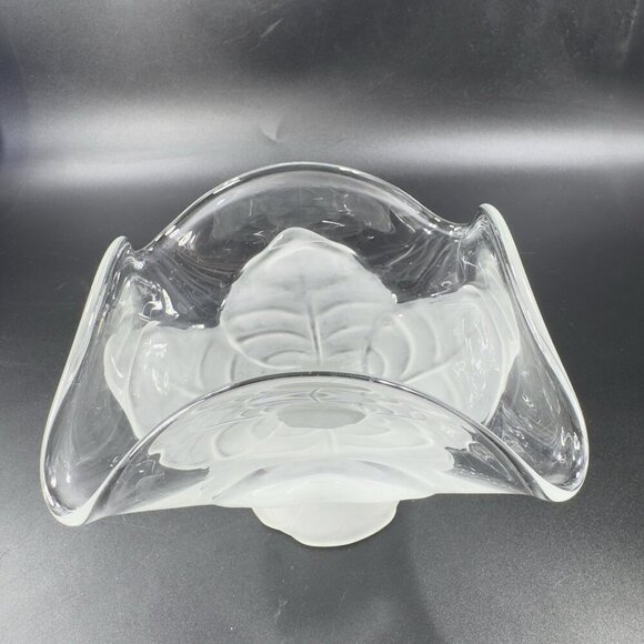Viking Art Glass Epic Leaf Compote in Crystal Satin Frosted Clear Dish Bowl VTG - Picture 13 of 13
